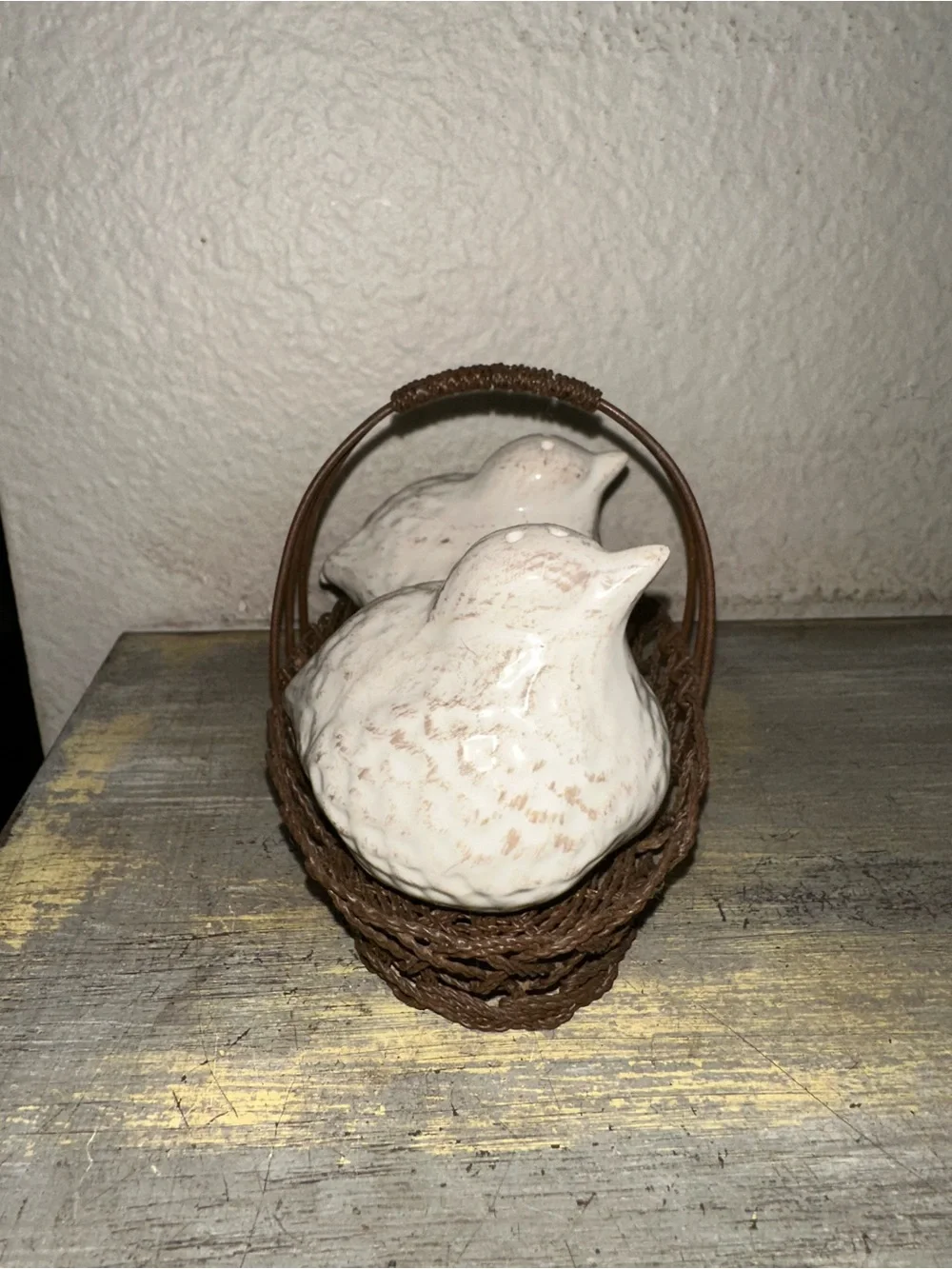 Rustic White Salt and Pepper Shakers Birds in a Metal Basket Stoppers